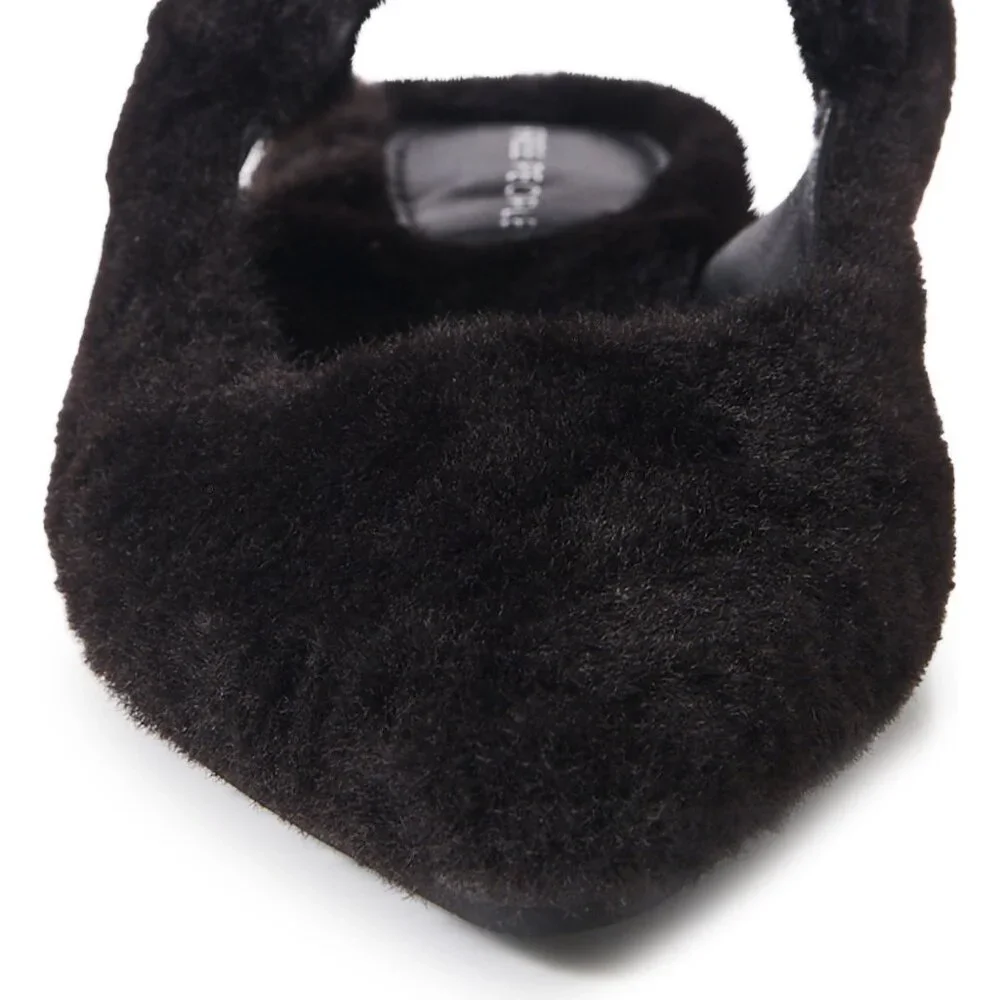 Free People Faux Fur Shearling Parisa Pointed Fuzzy Flats Black Shoes 7.5 NWT